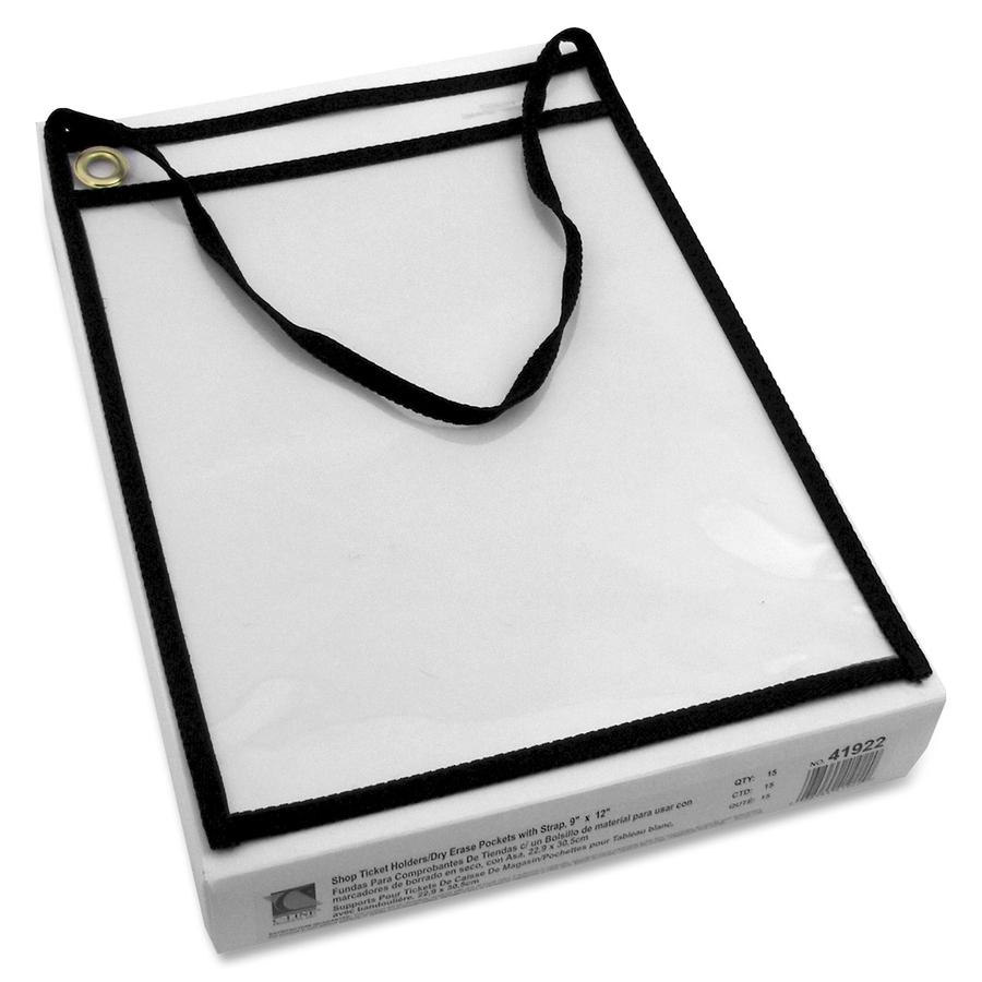 C-Line Shop Ticket Holders With Hanging Straps, Stitched - Black, Both Sides Clear, 9 X 12, 15/BX, 41922