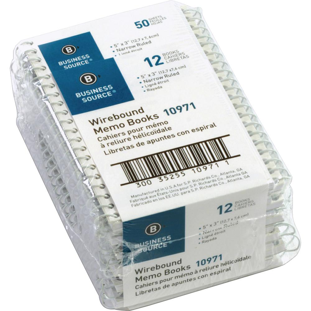 Business Source Side Wirebound Ruled Memo Book - 50 Sheet(s) - Wire Bound - 3'' x 5'' Sheet Size - White - 1 Dozen