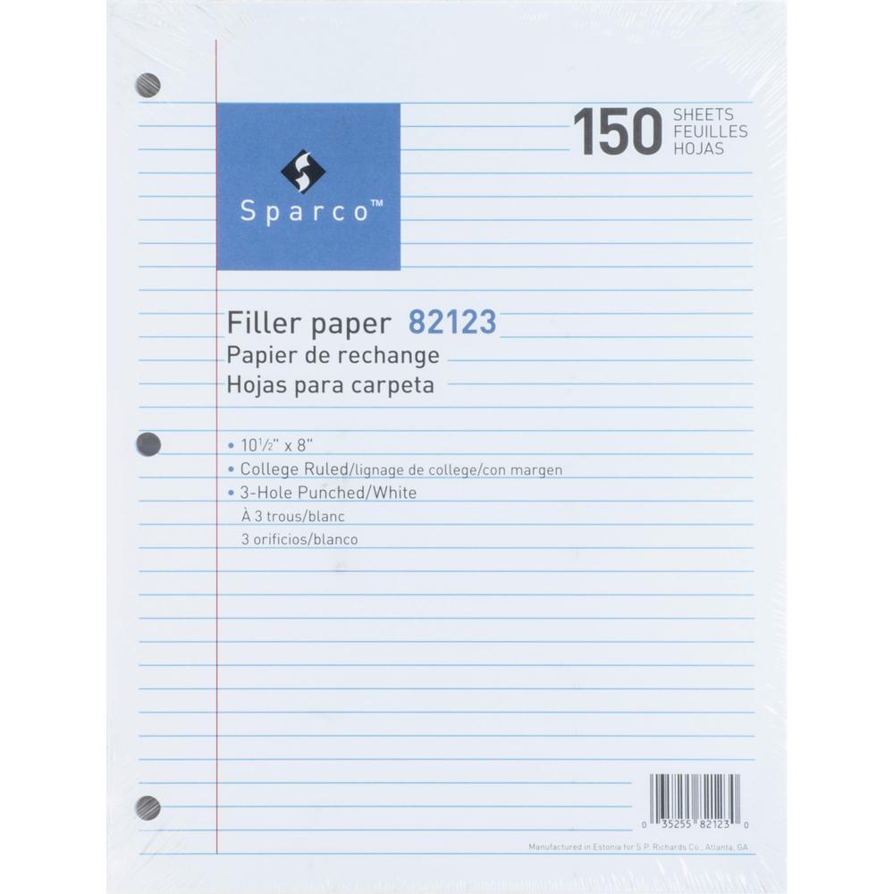 Sparco 3HP Filler Paper - 1800 Sheets - College Ruled Front Ruling - Ruled Red Margin - 16 lb Basis Weight - 8'' x 10 1/2'' Sheet Size - White Paper - Bleed-free - 150/Pack - 12 / Bundle