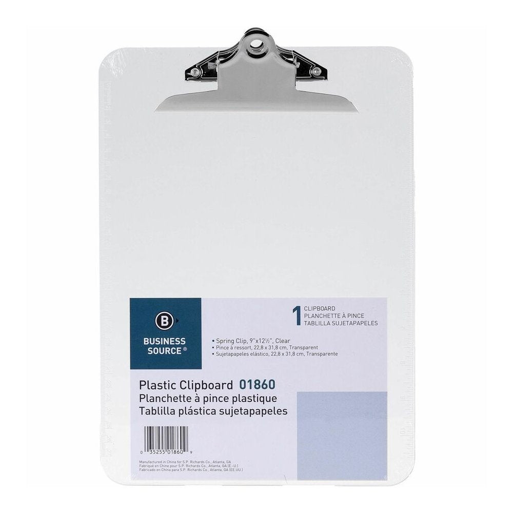 Business Source Spring Clip Plastic Clipboard - 8 1/2'' x 11'' Sheet Size - Spring Clip - Plastic - Clear - 12 / Box