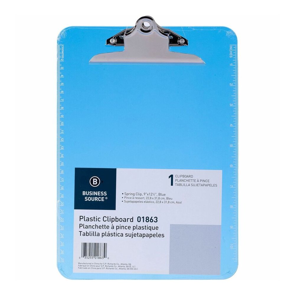 Business Source Spring Clip Plastic Clipboard - 8 1/2'' x 11'' Sheet Size - Spring Clip - Plastic - Blue - 12 / Box