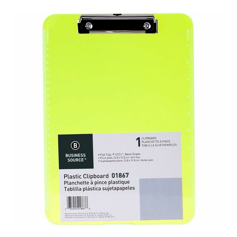 Business Source Flat Clip Clipboard - 9'' x 12'' Sheet Size - Plastic - Neon Green - 6 / Bundle