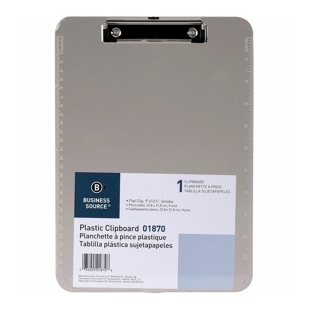 Business Source Flat Clip Plastic Clipboard - 9'' x 12'' Sheet Size - Plastic - Smoke - 6 / Bundle