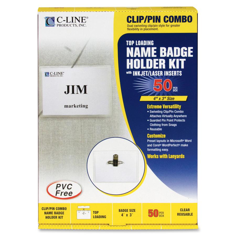 C-Line Clip/Pin Combo Style Name Badges - Sealed Holders with Inserts, 4 x 3, 50/BX, 95743