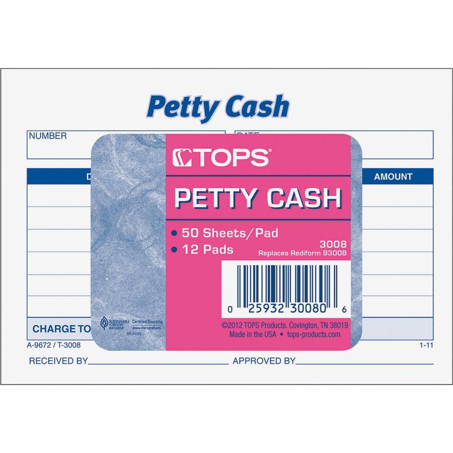 TOPS Received of Petty Cash Forms - 50 Sheet(s) - 5'' x 3.50'' Sheet Size - White - White Sheet(s) - 12 / Pack