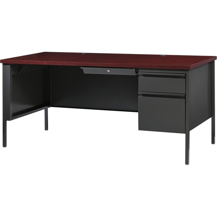Lorell Fortress Series 66'' Right-Pedestal Desk - Rectangle Top - 66'' Table Top Width x 30'' Table Top Depth x 1.12'' Table Top Thickness - 29.50'' HeightAssembly Required - Laminated, Mahogany - Steel -