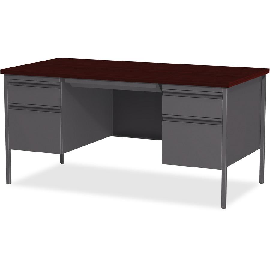 Lorell Fortress Series Double-Pedestal Desk - Rectangle Top - 60'' Table Top Width x 30'' Table Top Depth x 1.12'' Table Top Thickness - 29.50'' HeightAssembly Required - Laminated, Mahogany - Steel - 1 E