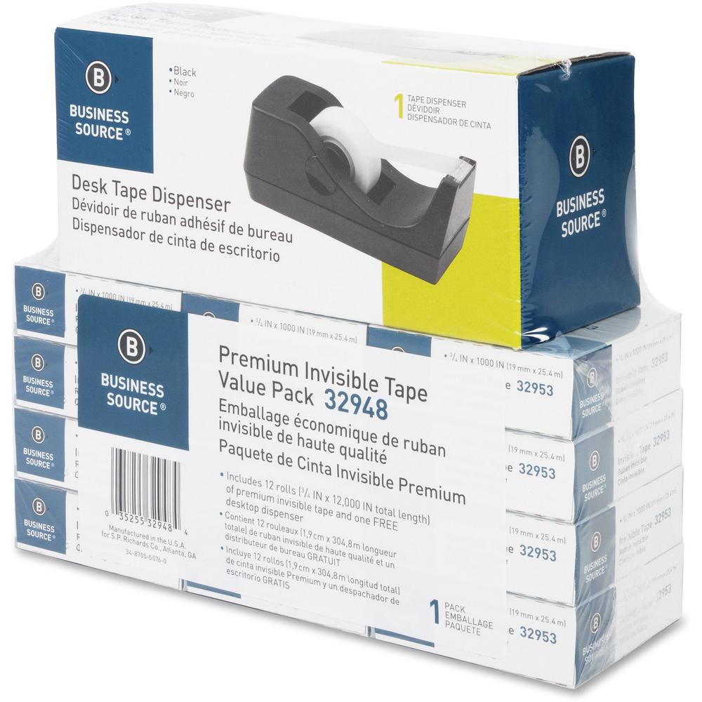Business Source Invisible Tape Dispenser Value Pack - 27.78 yd Length x 0.75'' Width - 1'' Core - Clear - Acetate - Dispenser Included - Desktop Dispenser - For Multi Surface, Mending, Splicing, Holding