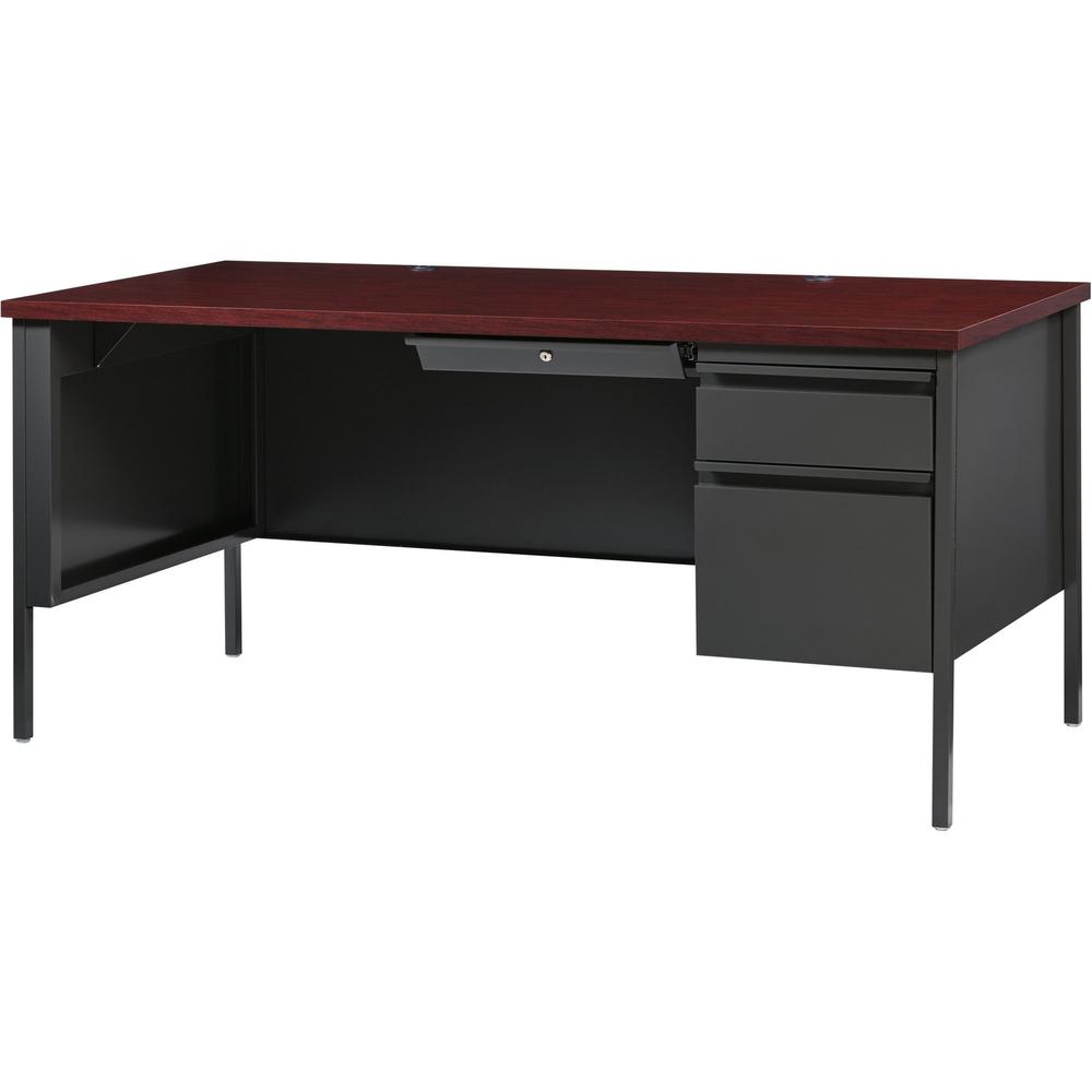Lorell Fortress Series 66'' Right-Pedestal Desk - Rectangle Top - 66'' Table Top Width x 30'' Table Top Depth x 1.12'' Table Top Thickness - 29.50'' HeightAssembly Required - Laminated, Mahogany - Steel -