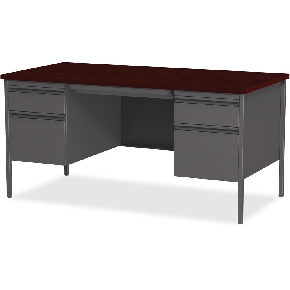 Lorell Fortress Series Double-Pedestal Desk - Rectangle Top - 60'' Table Top Width x 30'' Table Top Depth x 1.12'' Table Top Thickness - 29.50'' HeightAssembly Required - Laminated, Mahogany - Steel - 1 E