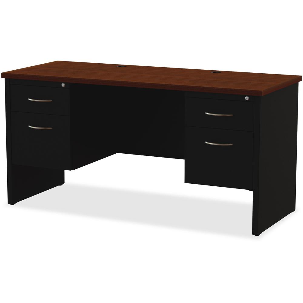 Lorell Fortress Modular Series Double-pedestal Credenza - 60'' x 24'' , 1.1'' Top - 2 x Box, File Drawer(s) - Double Pedestal - Material: Steel - Finish: Walnut Laminate, Black - Scratch Resistant, Stain