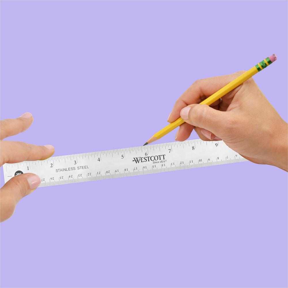 Westcott Stainless Steel Rulers - 12'' Length x 1'' Width - 1/16, 1/32 Graduations - Metric, Imperial Measuring System - Stainless Steel - Stainless Steel - 12 / Box