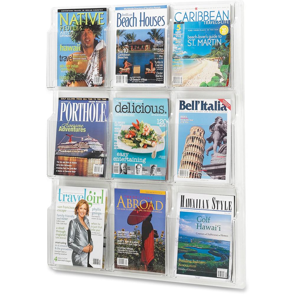 Safco 9-Pocket Magazine/Literature Display Rack - 9 Pocket(s) - 36.88'' Height x 30'' Width x 2'' Depth - Break Resistant - Clear - Plastic - 1 Each