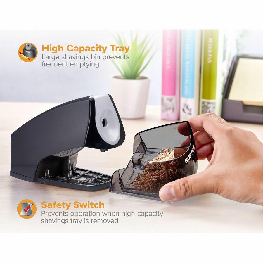 Bostitch Personal Electric Pencil Sharpener - Desktop - 1 Hole(s) - Helical - 4'' Height x 3.5'' Width x 5'' Depth - Black, Silver - 1 Each