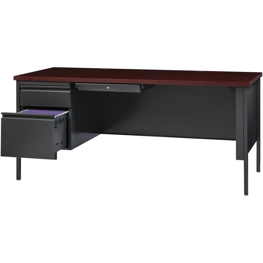 Lorell Fortress Series Left-Pedestal Desk - Rectangle Top - 66'' Table Top Width x 30'' Table Top Depth x 1.12'' Table Top Thickness - 29.50'' HeightAssembly Required - Laminated, Mahogany - Steel - 1 Eac