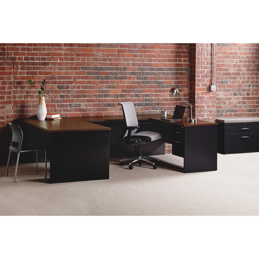 Lorell Fortress Modular Series Double-pedestal Credenza - 60'' x 24'' , 1.1'' Top - 2 x Box, File Drawer(s) - Double Pedestal - Material: Steel - Finish: Walnut Laminate, Black - Scratch Resistant, Stain