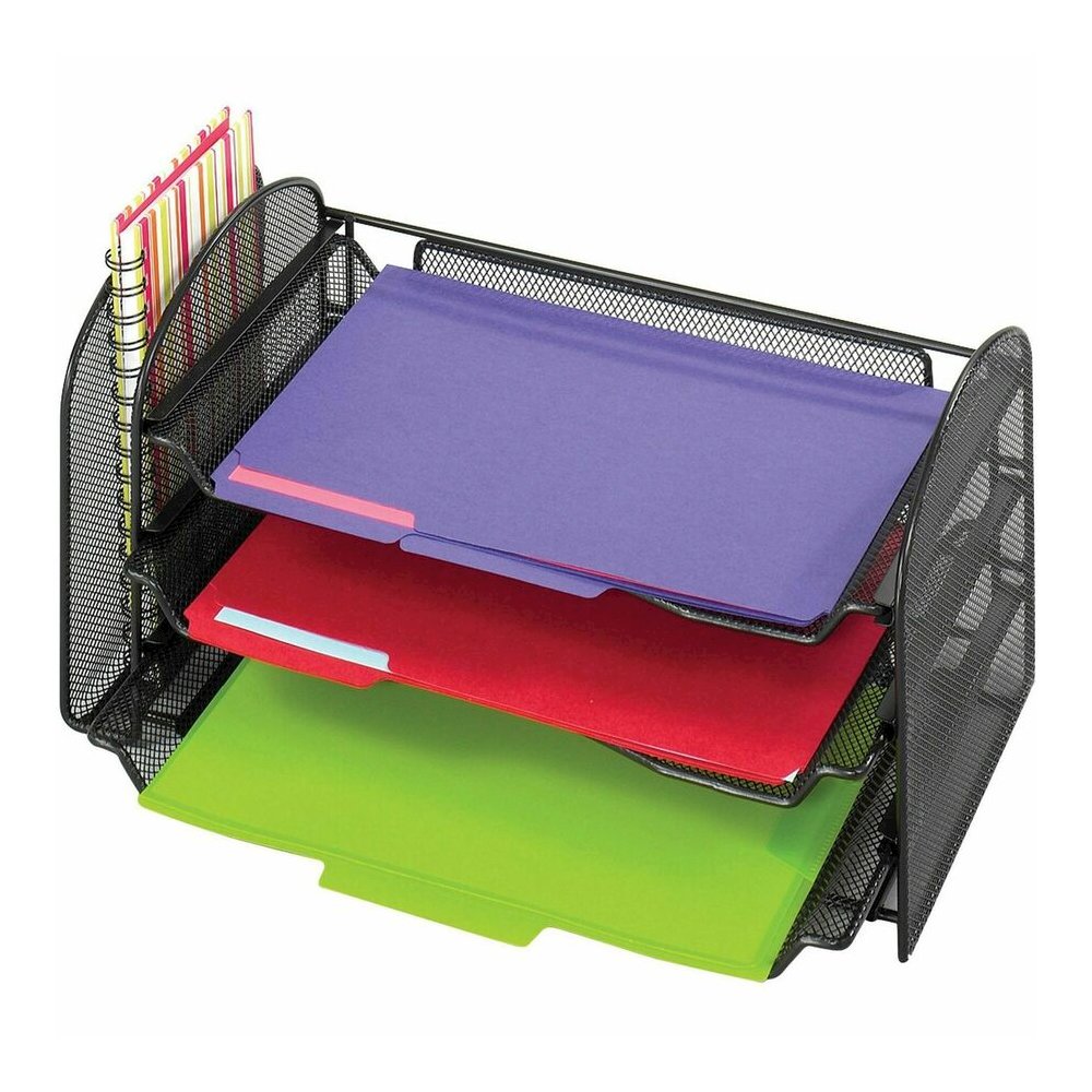 Safco Onyx 1 Upright/3 Tray Mesh Desk Organizer - 1 Pocket(s) - 8'' Height x 17.25'' Width x 9'' Depth - Desktop - Black - 1 Each