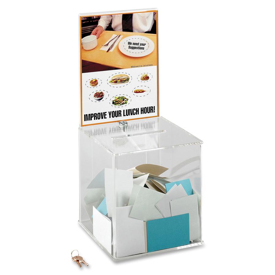 Safco Customizable Locking Acrylic Collection Box - 5.75'' x 0.50'' - 21'' Height x 9.3'' Width x 9.3'' Depth - Lockable - Clear - Acrylic - 1 Each