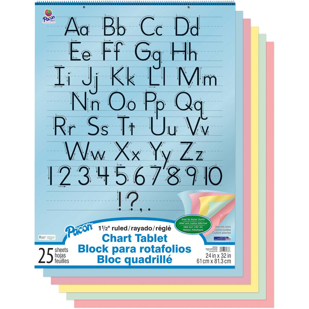 Pacon Colored Paper Chart Tablet - 25 Sheets - 1.50'' Ruled - 24'' x 3 ...