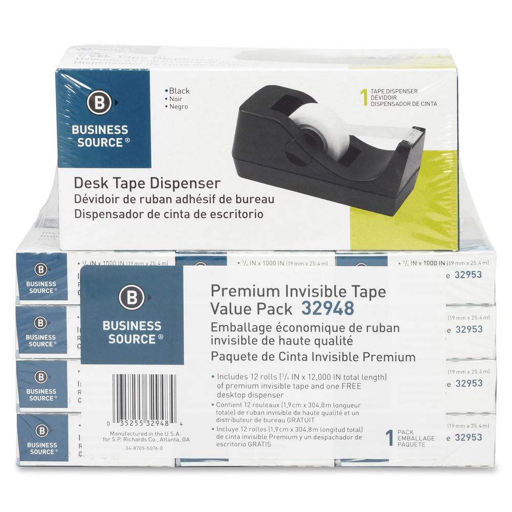Business Source Invisible Tape Dispenser Value Pack - 27.78 yd Length x 0.75'' Width - 1'' Core - Clear - Acetate - Dispenser Included - Desktop Dispenser - For Multi Surface, Mending, Splicing, Holding