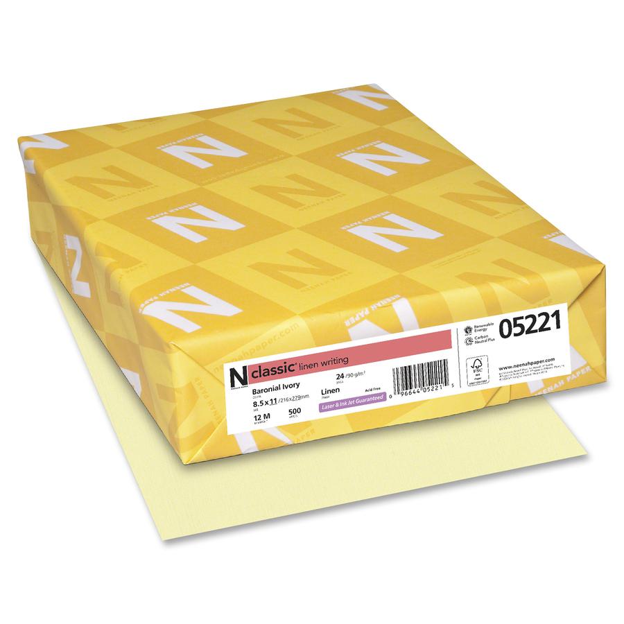 Classic Premium Paper - Ivory - Letter - 8 1/2'' x 11'' - 24 lb Basis Weight - Linen - 500 / Ream - Carbon Neutral - Watermarked, Acid-free, Archival-safe, Printable - Baronial Ivory - Neenah