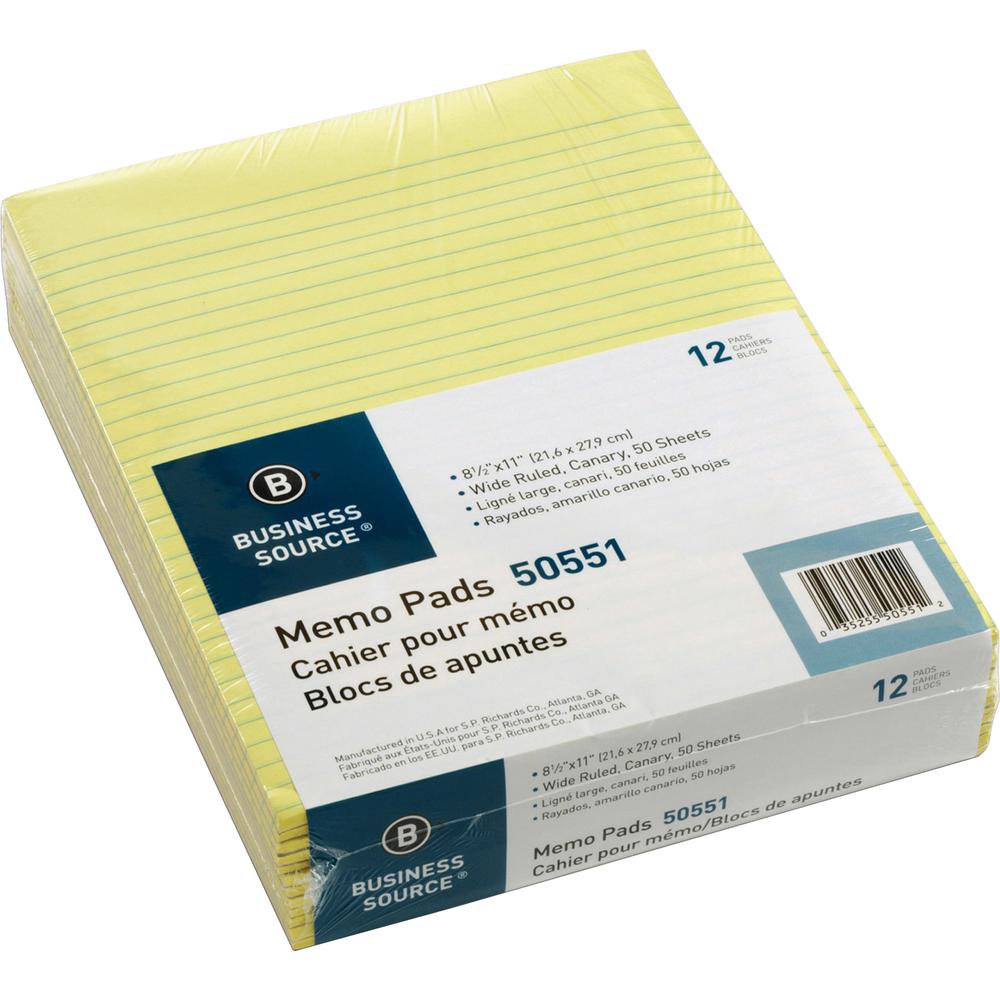 Business Source Glued Top Ruled Memo Pads - Letter - 50 Sheets - Glue - 16 lb Basis Weight - Letter - 8 1/2'' x 11'' - Canary Paper - 1 Dozen