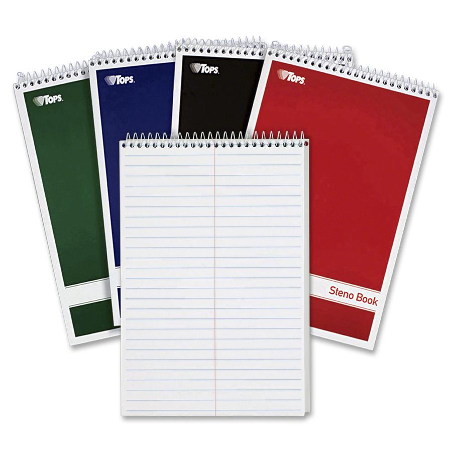 TOPS Gregg-ruled Steno Book - 80 Sheets - Wire Bound - 15 lb Basis Weight - 6'' x 9'' - 1.25'' x 9'' x 6'' - White Paper - Red, Green, Black, Blue Cover - Durable Cover, Rigid, Chipboard Backing, Acid-free