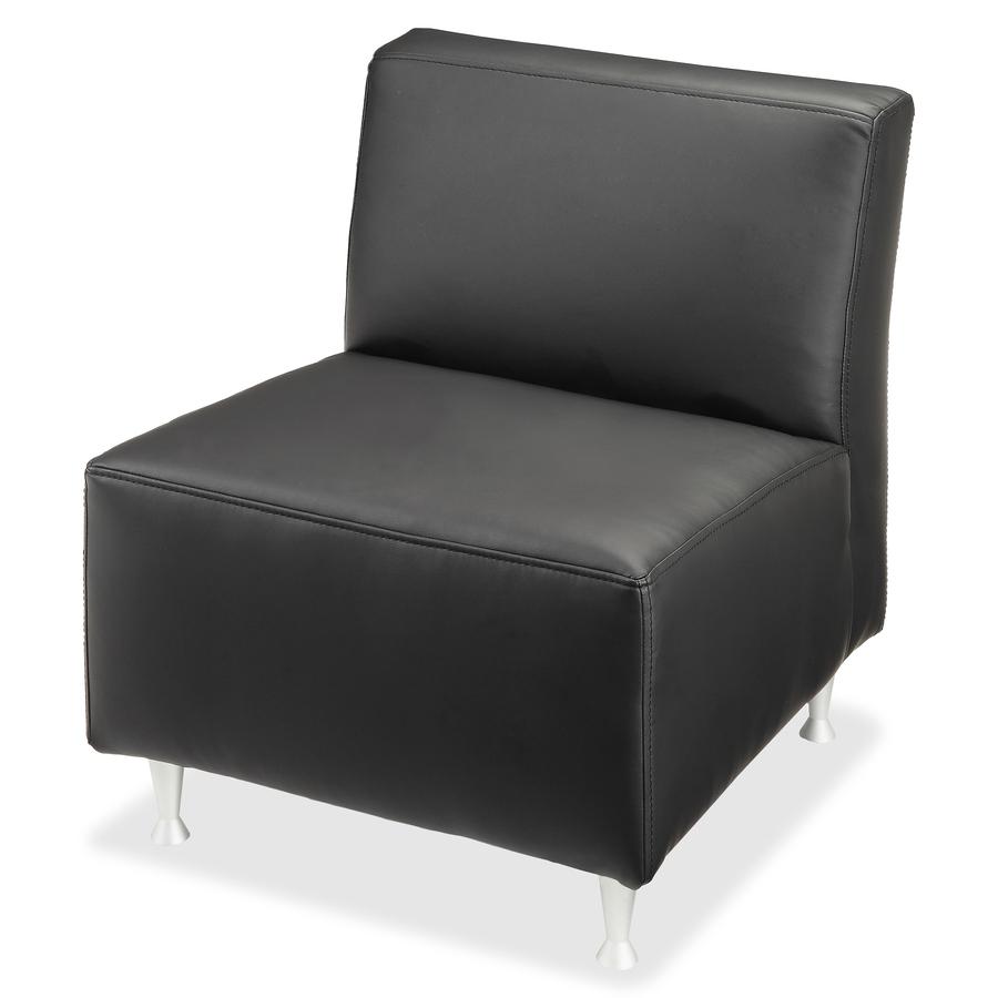 Lorell Fuze Modular Series Armless Lounge Chair - Black Leather Seat - Black Leather Back - Brushed Aluminum Frame - High Back - 1 Each
