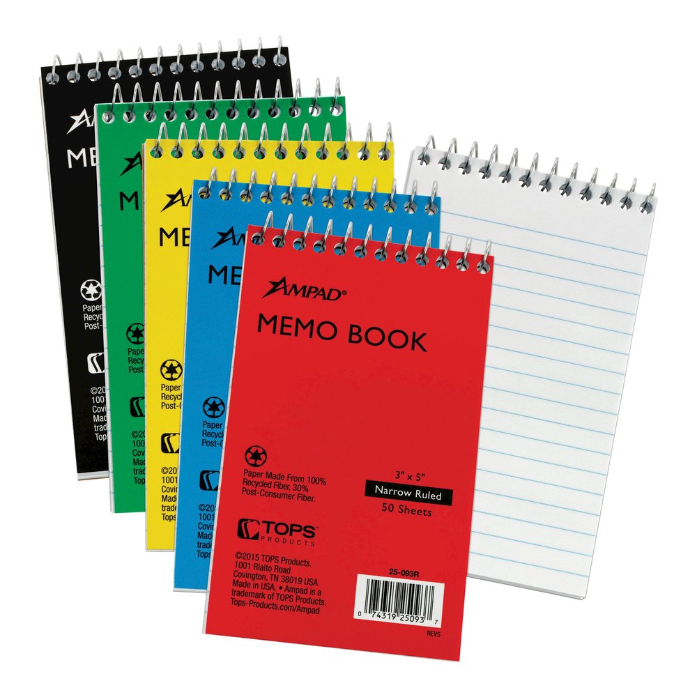 Ampad Topbound Memo Notebooks - 50 Sheets - Wire Bound - 3'' x 5'' Sheet Size - White Paper - Assorted Pressboard Cover - Rigid, Mediumweight - Recycled - 5 / Bundle