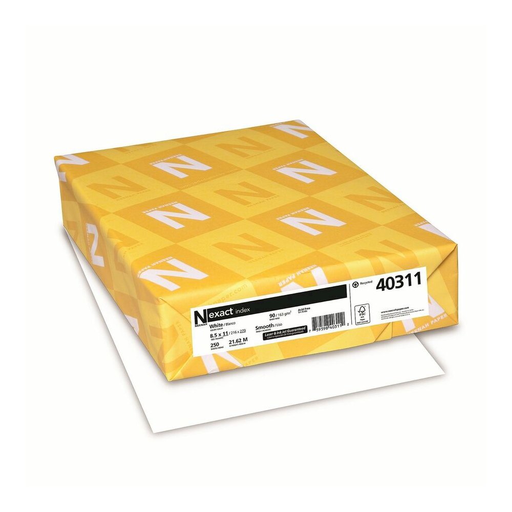 Neenah Index Paper - White - 94 Brightness - Letter - 8 1/2'' x 11'' - 90 lb Basis Weight - Smooth - Durable, Acid-free - White - 250/Pack - 2 / Bundle - Exact