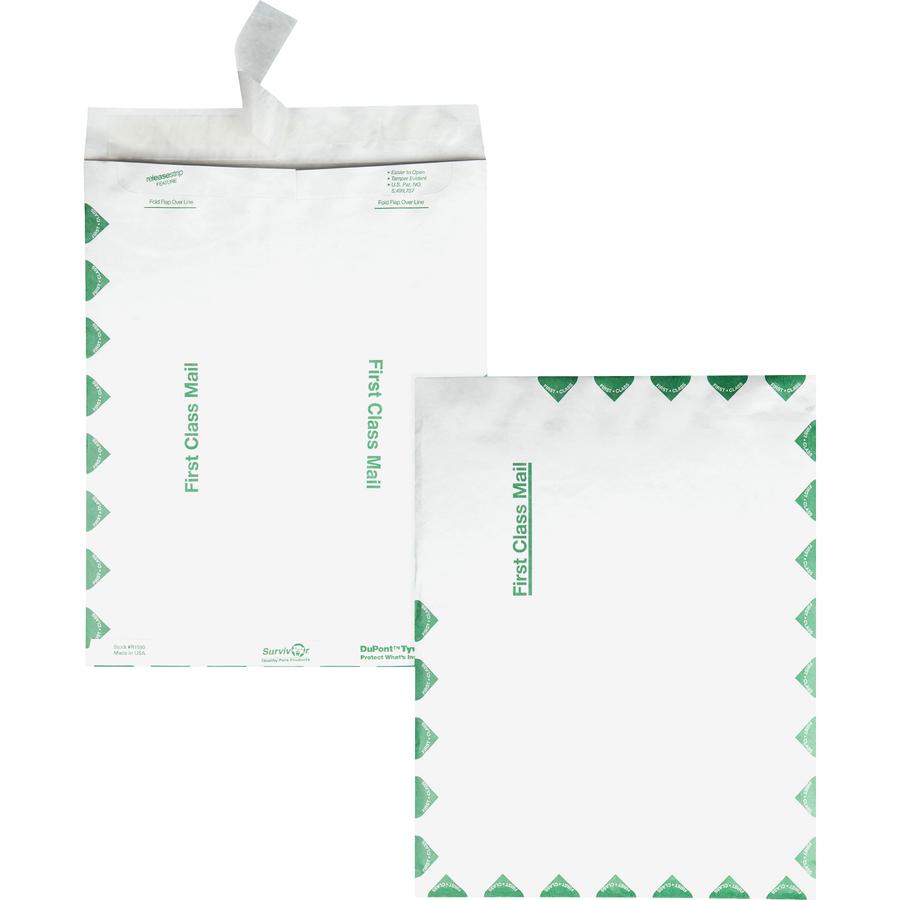 Survivor 10 x 13 DuPont Tyvek First Class Border Catalog Mailer with Self-Sealing Closure - First Class Mail - #13 1/2 - 10'' Width x 13'' Length - 14 lb - Peel & Seal - Tyvek - 100 / Box - White - SURVIVOR