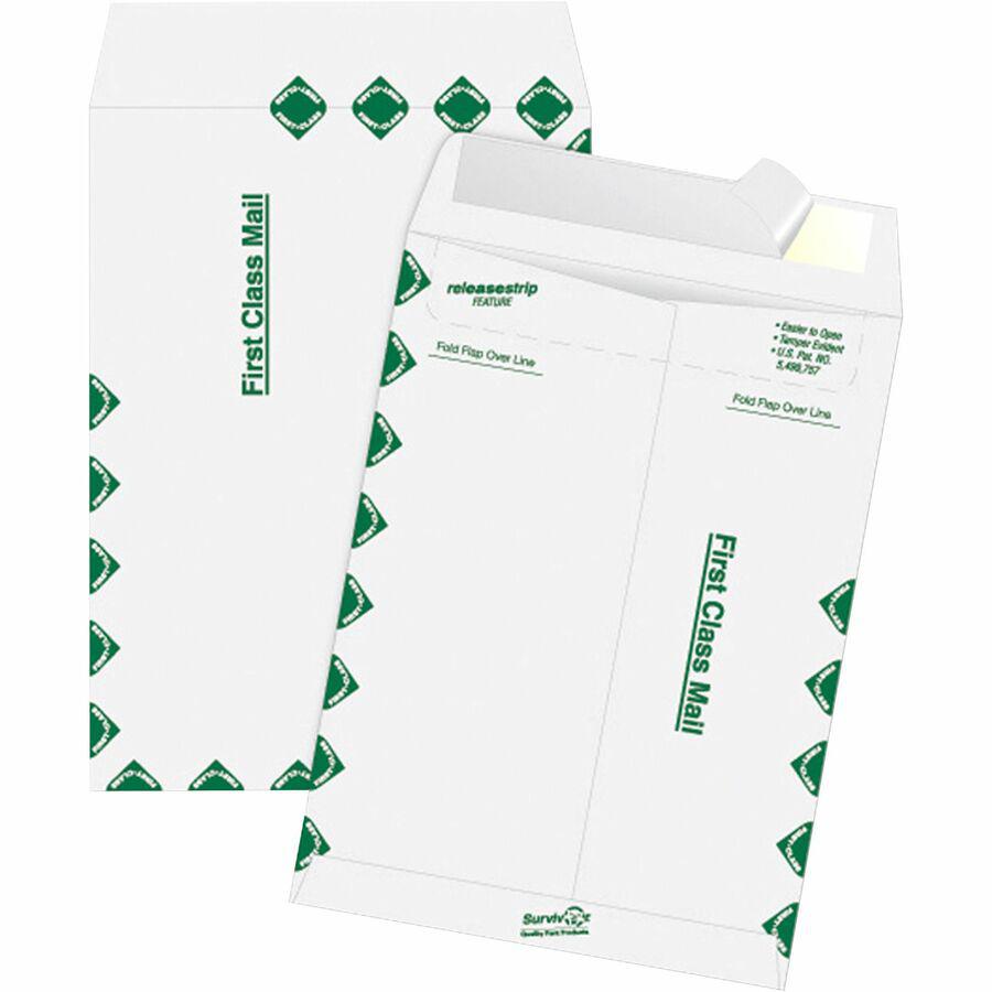 Survivor 12 x 15-1/2 DuPont Tyvek First Class Border Catalog Mailer - First Class Mail - #15 1/2 - 12'' Width x 15 1/2'' Length - 14 lb - Peel & Seal - Tyvek - 100 / Box - White - SURVIVOR