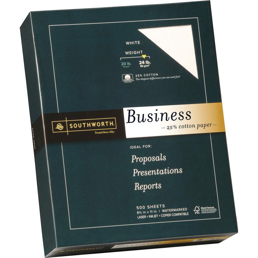 Southworth 24lb 25% Cotton Business Paper - Letter - 8 1/2'' x 11'' - 24 lb Basis Weight - Wove - 500 / Box - Watermarked, Acid-free, Date-coded, Lignin-free - White