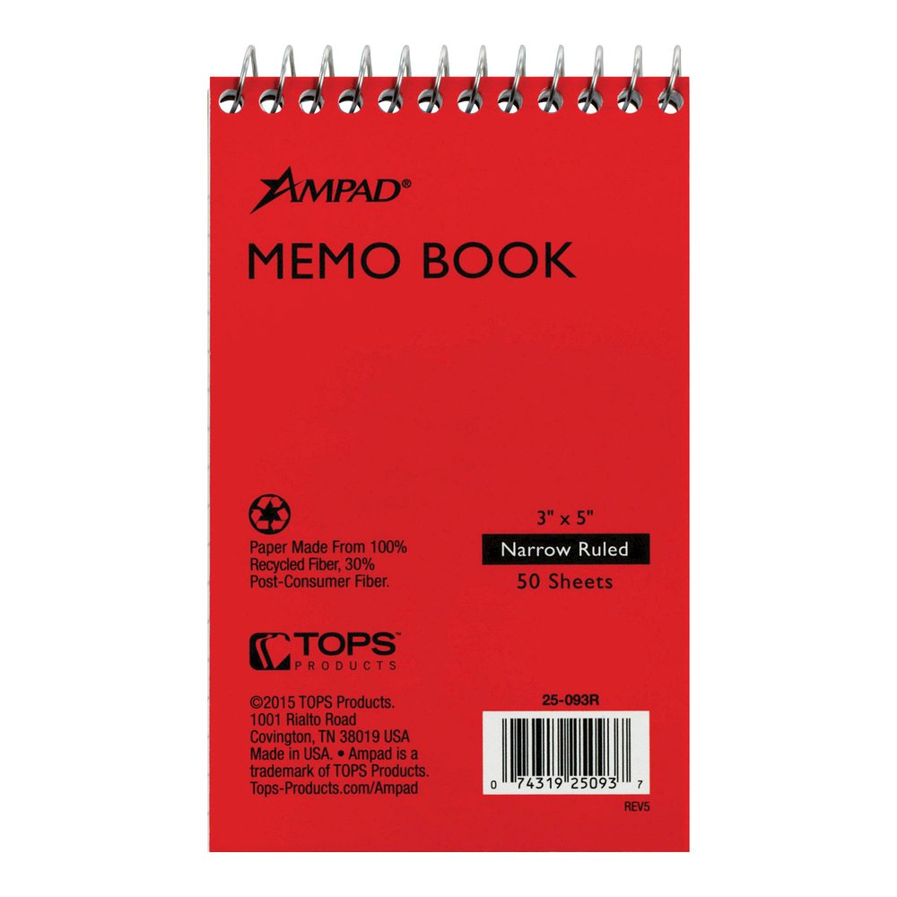 Ampad Topbound Memo Notebooks - 50 Sheets - Wire Bound - 3'' x 5'' Sheet Size - White Paper - Assorted Pressboard Cover - Rigid, Mediumweight - Recycled - 5 / Bundle