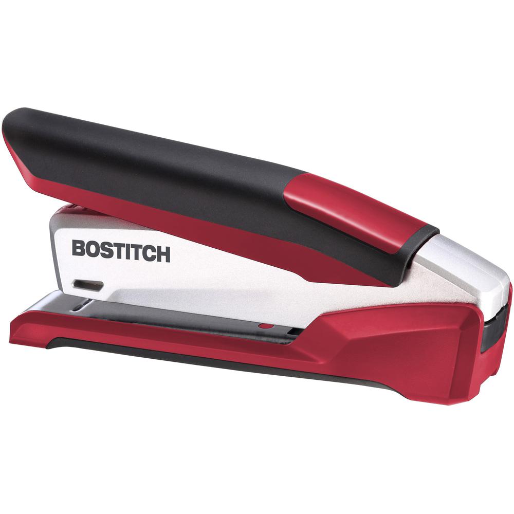 Bostitch InPower Spring-Powered Antimicrobial Desktop Stapler - 28 Sheets Capacity - 210 Staple Capacity - Full Strip - 1/4'' Staple Size - 1 Each - Silver, Red