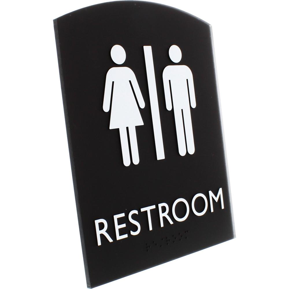 Lorell Arched Unisex Restroom Sign - 6.8'' Width x 8.5'' Height - Rectangular Shape - Surface-mountable - Easy Readability, Braille - Plastic - Black - 1 Each