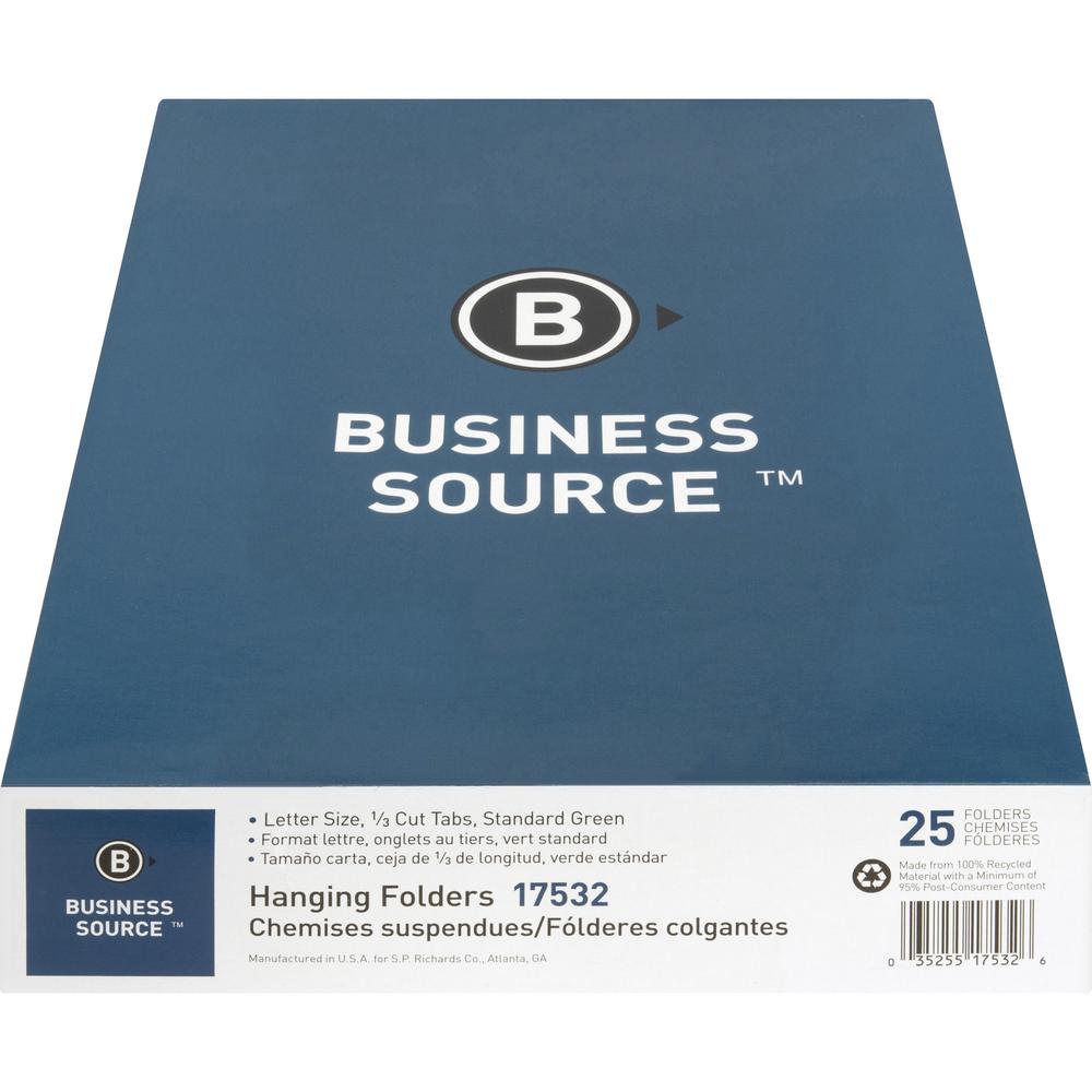 Business Source 1/3 Tab Cut Letter Recycled Hanging Folder - 8 1/2'' x 11'' - 11 pt. - Standard Green - Acid-free - 100% Recycled - 25 / Box