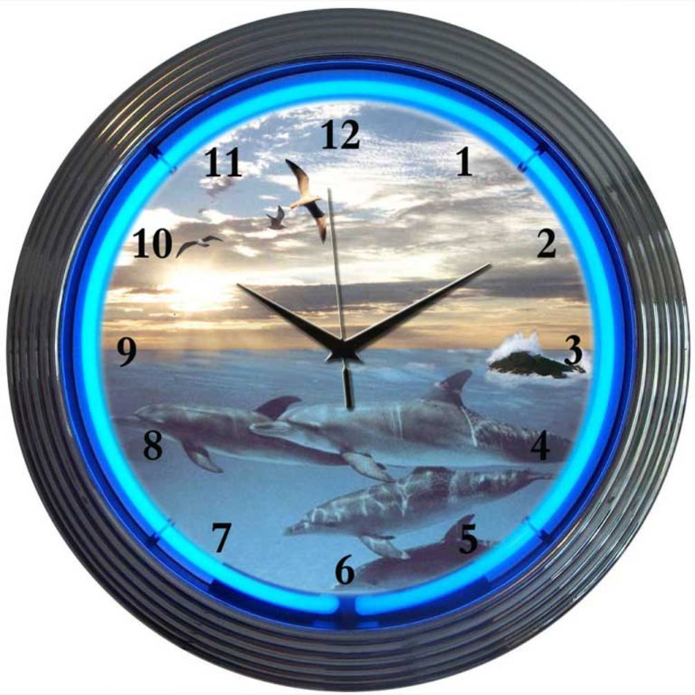 Dolphins At Sea Neon Clock