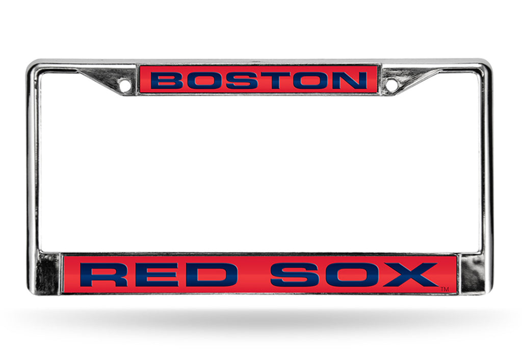 Boston Red Sox License Plate Frame Laser Cut Chrome Red Background with Blue Letters - Rico Industries