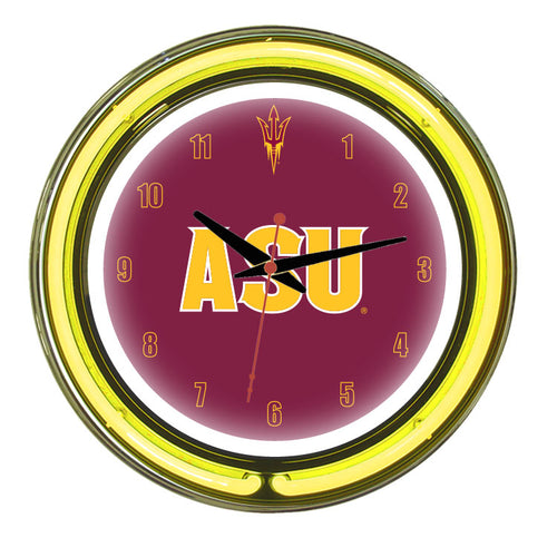 ARIZONA STATE NEON WALL CLOCK - 14'' MAROON FACE / YELLOW NEON - ASUNWC100-14