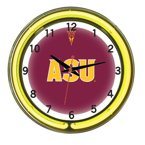 ARIZONA STATE NEON WALL CLOCK - 18'' MAROON FACE / YELLOW NEON - ASUNWC100-18