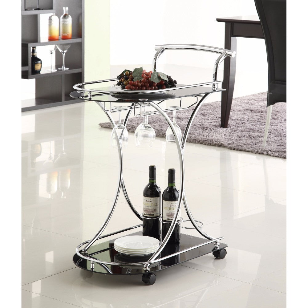 Dazzling Serving Cart With 2 Black Glass Shelves Silver BM160164 - Benzara