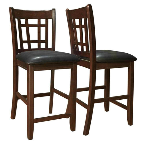 Lattice Back 24 in. Wooden Counter Height Chair with Leatherette Seat Set of 2 Brown and Black BM185284 - Benzara