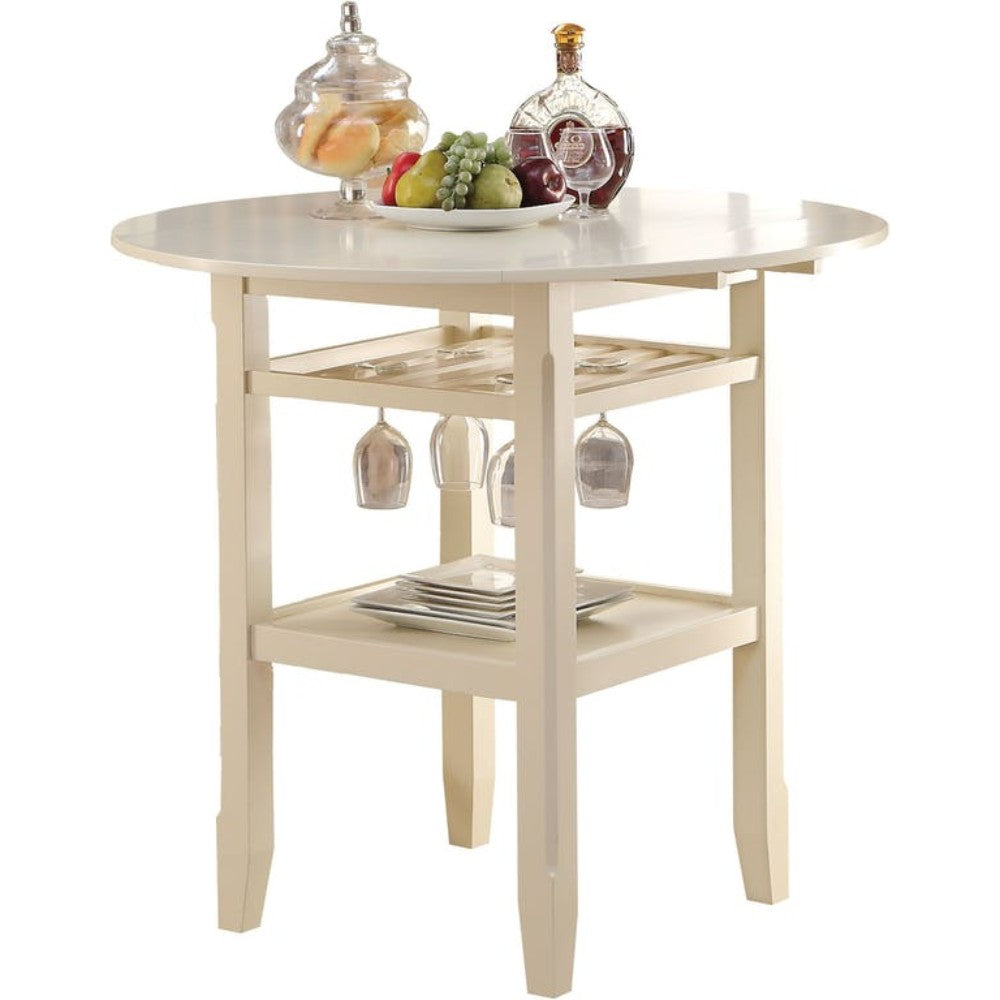 Round Wooden Counter Height Table With Wine Glass Shelf Cream BM186921 - Benzara