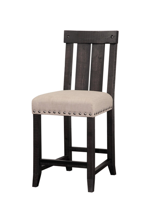 Wooden Counter Height Stool with Fabric Upholstered Seat and Slat Style BackSet of 2 Black & Beige BM187615 - Benzara