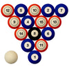 BOISE STATE SCHOOL COLOR NUMBERED BILLIARD BALL SET BLUE SOLID/ORANGE STRIPE - BSTBBS200N
