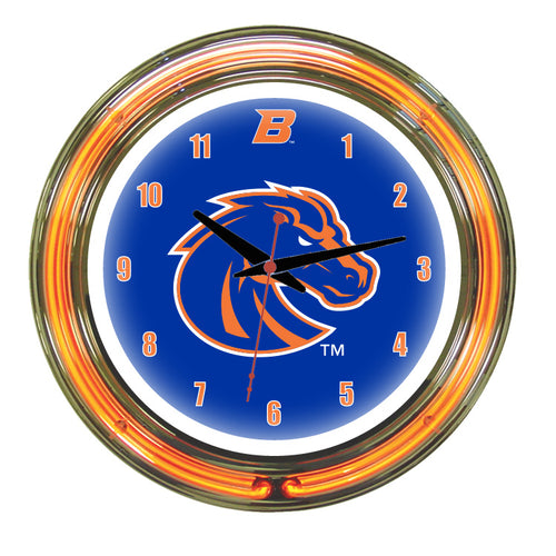 BOISE STATE NEON WALL CLOCK - 14'' BLUE FACE / ORANGE NEON - BSTNWC200-14