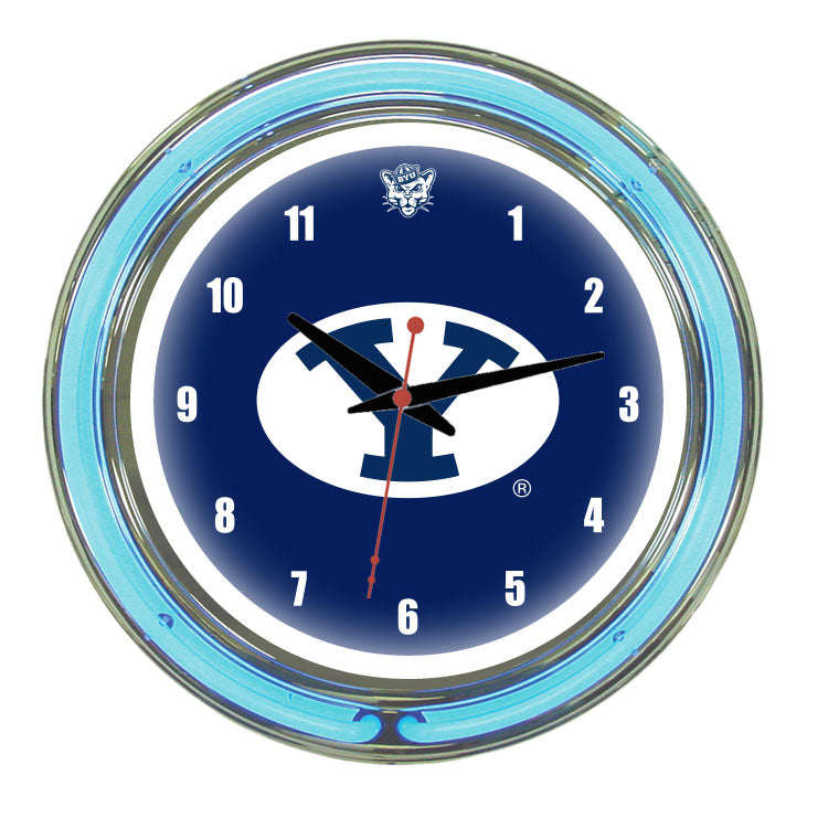 BRIGHAM YOUNG NEON WALL CLOCK - 14'' BLUE FACE / BLUE NEON - BYUNWC100-14