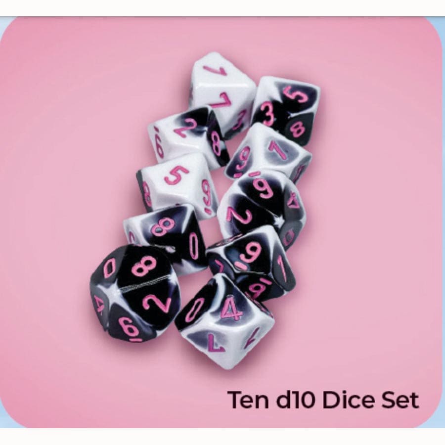 Chessex Mfg Co Llc -  Dice Menagerie 11: Gemini Black-White With Pink Set Of Ten D10 Dice Set