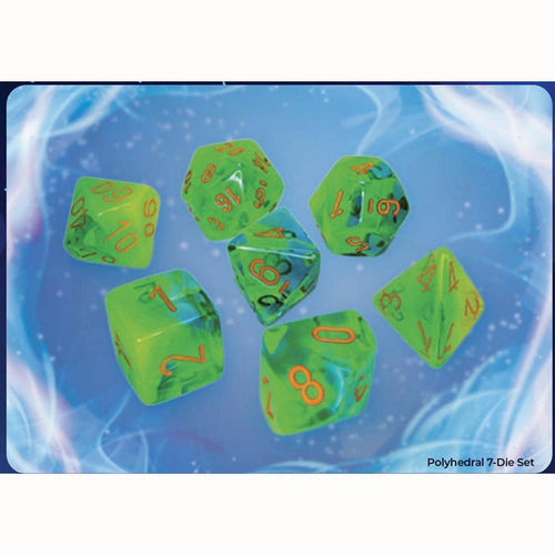 Chessex Mfg Co Llc -  Dice Menagerie 11: Gemini Polyhedral Plasma Green-Teal With Orange Luminary 7-Die Set